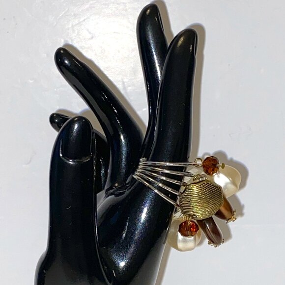 Vintage Beaded Statement Ring Golden Brown White Clear Prom Wedding - Picture 3 of 6